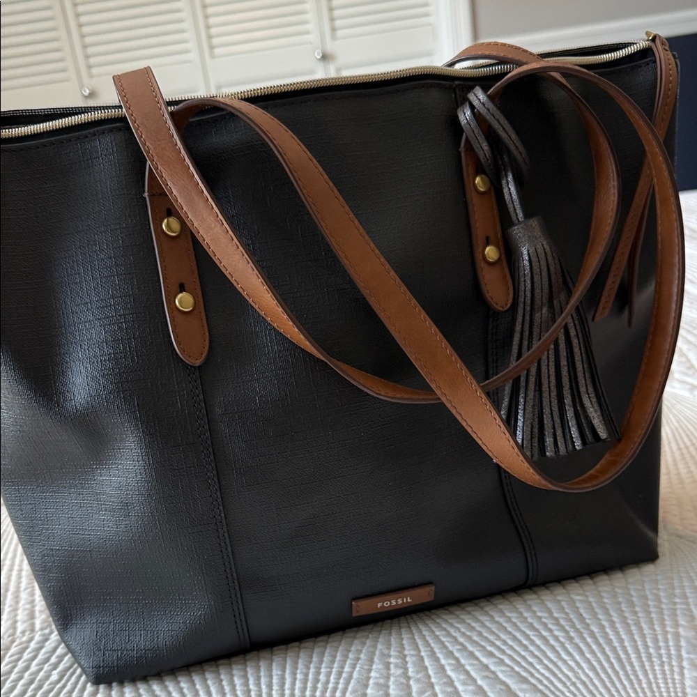 Fossil Black Tote with Brown Straps